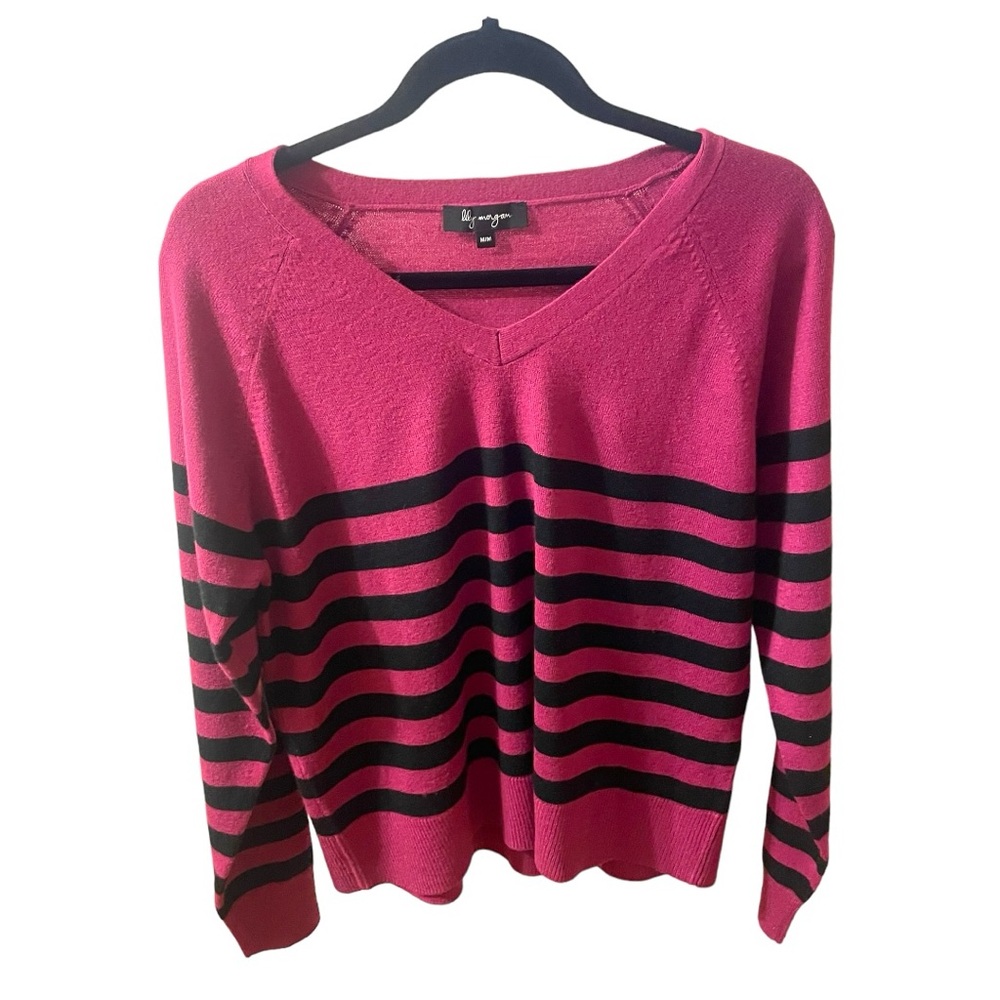 Lily Morgan Sweater Thin Knit V Neck Womens Medium Striped Everyday Work Casual